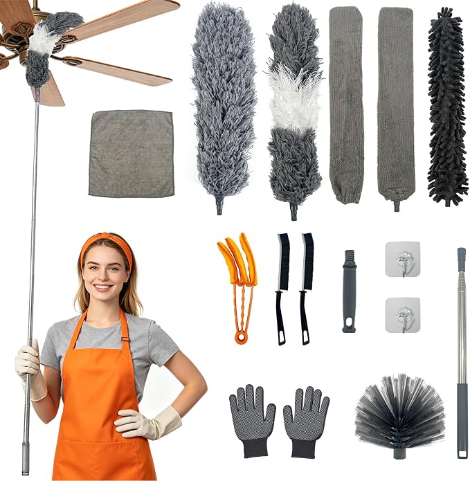 15 PCS Feather Dusters for Cleaning, Microfiber Duster with Extension Pole 100in, Extendable Duster for High Ceilings, Ceiling Fans, Baseboards, Blinds, Car Interior - Washable Reusable Dusting Tools