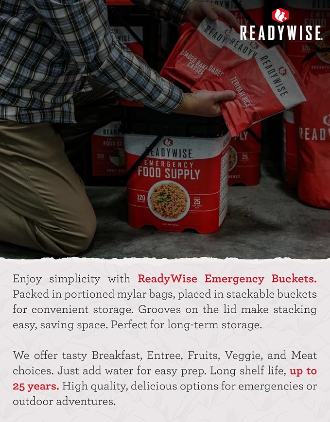 ReadyWise Entrée Bucket - 60 Servings, Emergency Food Supply for Survival Kit, Protein Meals, Freeze Dried Food, Ready to Eat Camping & Road Trip Essentials, up to 25 Year Shelf Stable Life