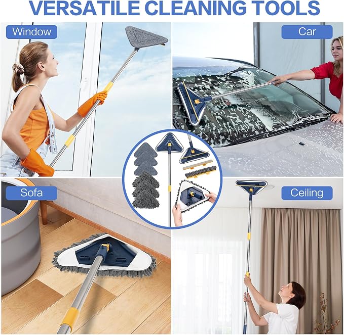Wall Cleaner Mop, 80" Long Handle, 360° Ceiling Cleaning Tool | 5-in-1 Triangle Wall Mop for Painted Walls, Drywall, Baseboard, with Chenille Microfiber (6 Replacement Pad) Brush Scraper