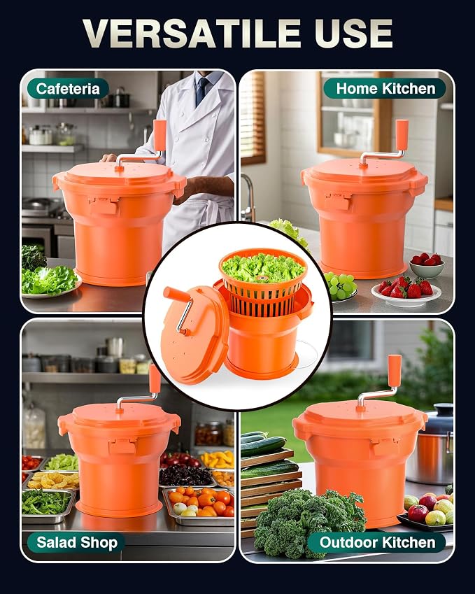 WantJoin Commercial Salad Spinner - 2 Gallon Salad Dryer w/Silicone Anti-slip Mat & Draining Hose, 8Qt Manual Salad Spinner for 3 Heads of Lettuce Spinner Large for Catering