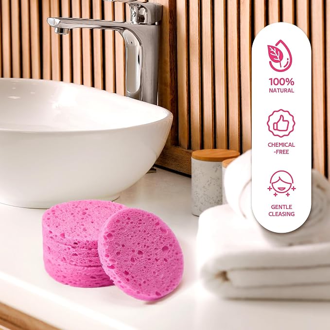 GAINWELL Gifts for MoM in Mothers Day, 50-Count Compressed Facial Sponge, Daily Facial Cleansing and Exfoliating, 100％ Natural Cosmetic Spa Sponges for Makeup Remover, Reusable, Pink