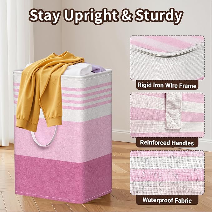 WOWBOX 2 Pack Laundry Baskets, Laundry Hampers, Freestanding Dirty Clothes Hampers with Reinforced Handles & Cross Stitch & Waterproof Coating, for Laundry Bedroom Bathroom Dorm,75L Pink