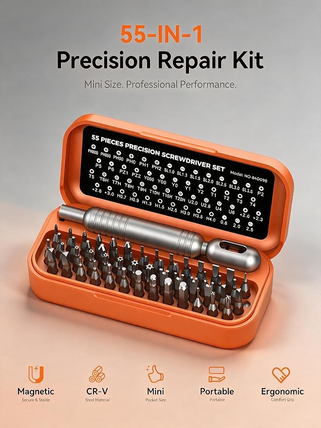 55 in 1 Mini Precision Screwdriver Set, Magnetic Small Screwdriver Kit for Electronics, Phone, Laptop, PC, Camera, Watch, Eyeglasses, Repair Tool Set with Storage Case for DIY & Home Use（Orange）