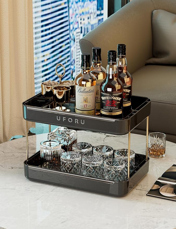 UFORU Countertop Coffee Station Organizer,Cup Rack,Mug & Wine Glass Holder | 2-Tier Black Mug Shelf with Removable Drain Tray,Bathroom Countertop Organizer,Spice Rack for Kitchen