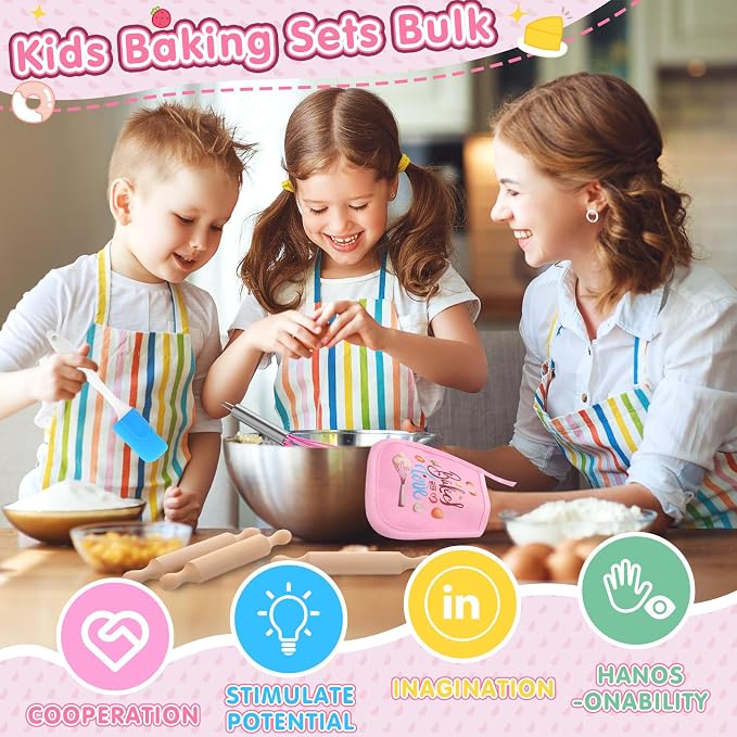 RoundFunny 48 Pcs Kids Mini Baking Supplies with Kitchen Utensil, Pot Holders, Spatula, Rolling Pin, Whisk for Kids Classroom School Exchange Party Favors (Small)