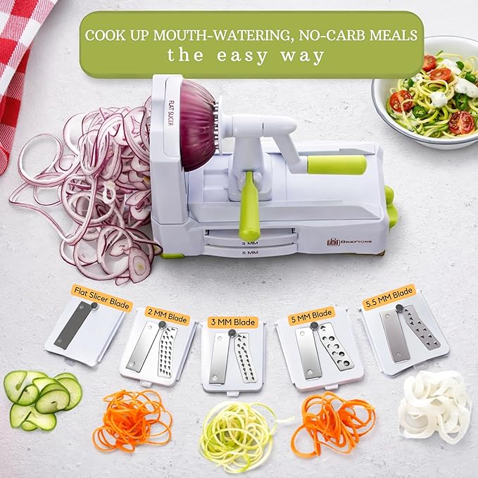 Brieftons 5-Blade Vegetable Spiralizer & Veggie Noodle Maker: Japanese 420-Grade Steel Blades for Zucchini Pasta, Sweet Potato & Beet Noodles, Strong Suction Pad, 4 Recipe eBooks | Keto Vegan Paleo