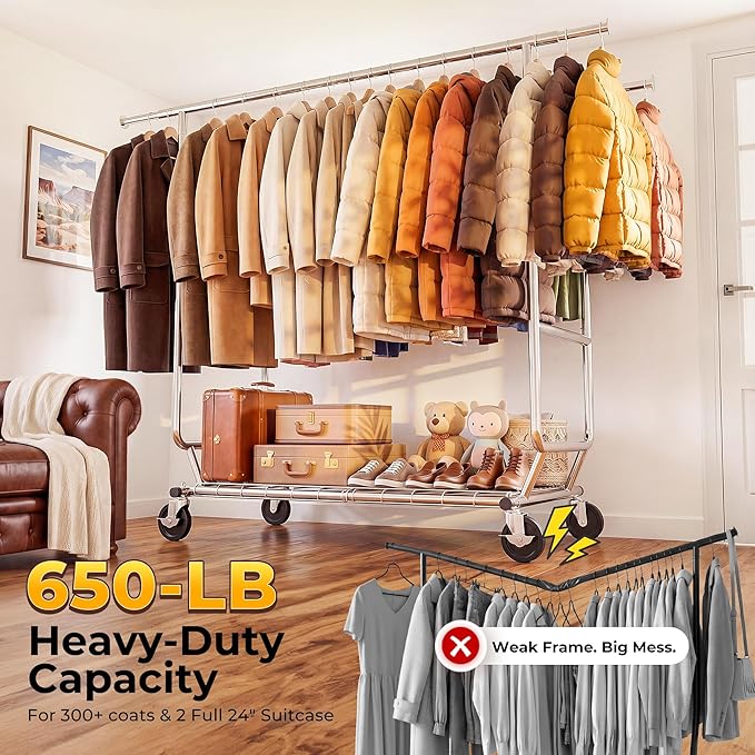 HOKEEPER Clothes Rack Heavy Duty Clothing Rack Load 650 LBS Collapsible Garment Rack with Wheels Double Rod Clothes Rack for Hanging Clothes Commercial Portable Closet Rack, 2 Packs 22" D*75" W*68" H