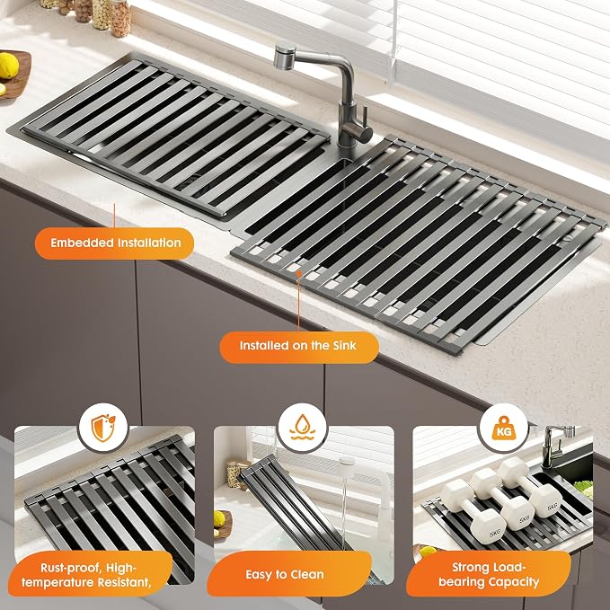Foldable Over Sink Dish Drying Rack, Extra Wide & Thick Rust-Proof Aluminum Sink Cover for Counter Space, Collapsible Dish Drying Rack Fits Most Kitchen Sinks (Gray, 20.5“x13.6)
