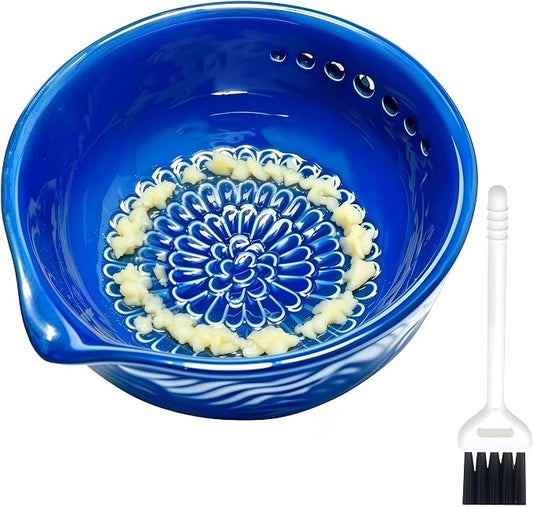 Ceramic Grater Bowl with Herb Stripper, Garlic Ginger Grinder | 3-in-1 Kitchen Tool | Upgraded Grinding Texture | 7 Herb Stripping Holes | Easy Clean | Dishwasher Safe | Blue
