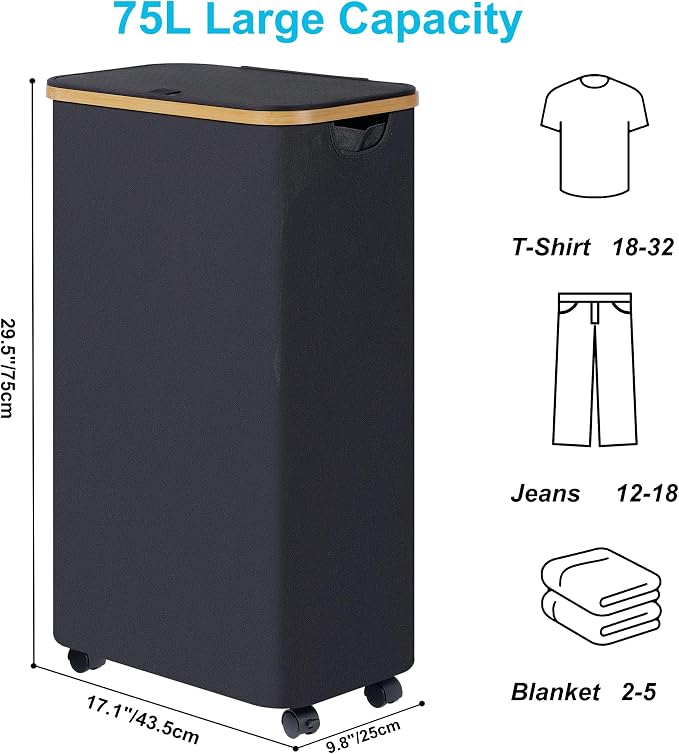 efluky Slim Laundry Basket with Wheels, Narrow Rolling Laundry Hamper with Lid and Removable Bag, Aesthetic Dirty Clothes Hamper on Wheels for Laundry Room, Bedroom, Dorm and Bathroom, 75L Dark Black