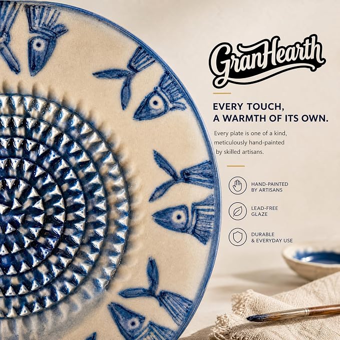Handcrafted Ceramic Garlic Grater Plate 4-Pc Set, 4.72" Handmade Porcelain Grinding Dish with Wooden Boar Bristle Brush & Textured Silicone Peeler, Ocean Blue Hand-Painted Fish