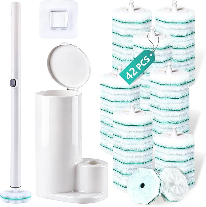 Disposable Toilet Wand with 42 Clorox Compatible Refills, Wall Mount T-oilet Bowl Holder Set, Toilet Scrubber Kit for Bathroom, Sink & Bathtub (Rainforest Scent)