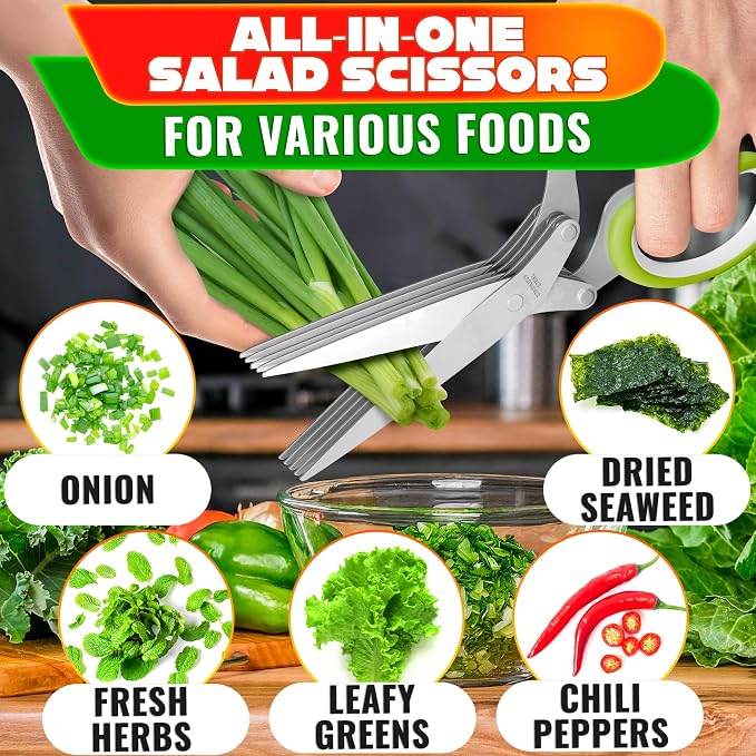 Herb Scissors with 5 Blades and Cover - Mince Fresh Cilantro, Parsley, Scallion, Chives & Dill in Seconds for Salad, Pasta, Tacos & Daily Meal Prep - Stainless Steel Herb Cutter with Cleaning Brush