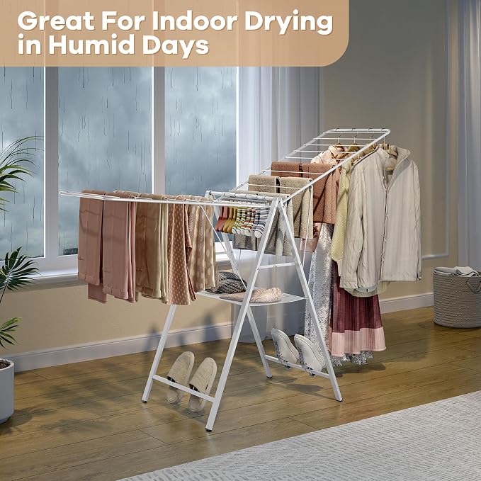 APEXCHASER 6 Height Adjustable Clothes Drying Rack with Shoe Slots, White | Pre-Assembled, Stable Load Structure, 22 Drying Rails, Foldable Space-Saving For Efficient Indoor & Outdoor Airflow Drying