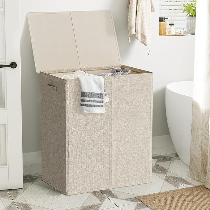 WOWLIVE 154L Double Laundry Hamper 2 Section with Lid and Removable Bags | Divided Laundry Basket, Large Dirty Clothes Hamper with Handle, Collapsible Laundry Storage for Dorm Room, College, Wheat
