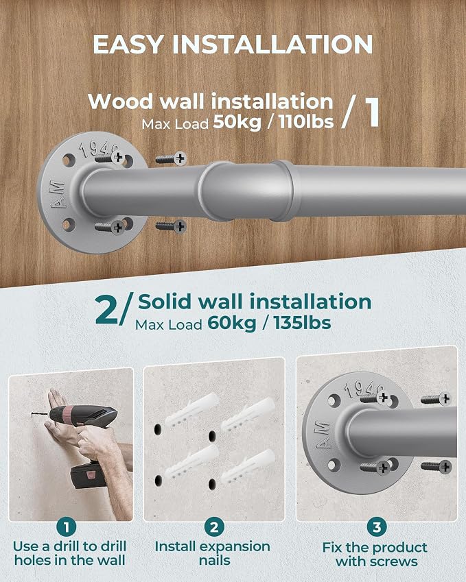 OROPY 38.4" Industrial Pipe Clothes Rack Wall Mounted, Heavy Duty, 2 Pack | Heavy Duty Iron Pipe Clothing Garment Rail, Multi-Purpose Clothing Hanging Rod for Laundry Room and Closet Storage, Gray