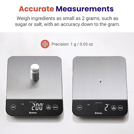 Etekcity 22lb Food Kitchen Scale, USB Rechargeable, IPX6 Waterproof | Digital scale with grams & ounces, 1g precision, 5 weight units, tare, ideal for baking, meal prep, Stainless Steel, Silver