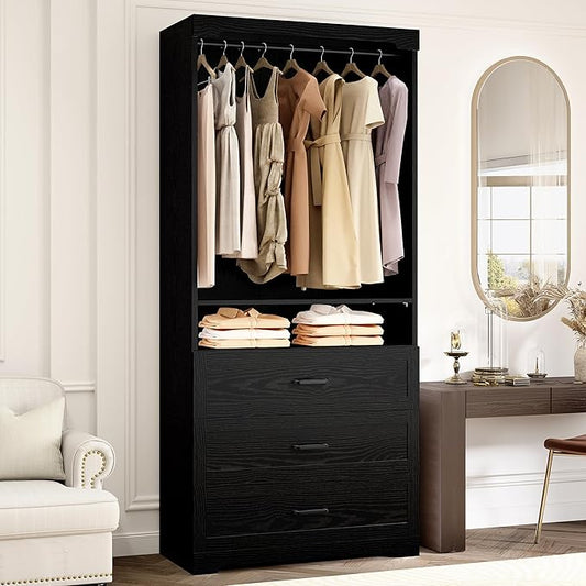 IRONCK Freestanding Closet System with 3 Wood Drawers, 31.5" Black | Modern armoire wardrobe with adjustable shelves & hanging rod, walk-in closet organizer for small spaces, space-saving design