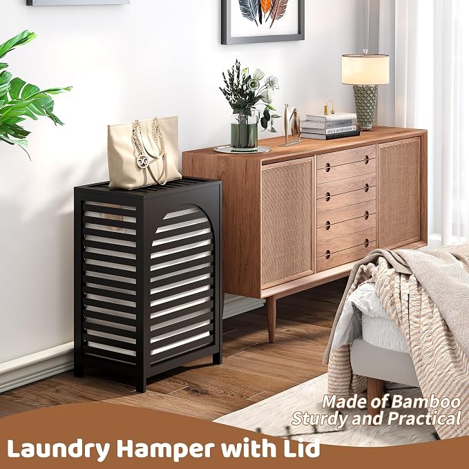 Laundry Hamper with Lid (16.9 * 13 * 26.5inches) Large Bamboo Laundry Bin Basket 85L Clothes Hamper with 1 Removable Bag Storage baskets for Bathroom(Black)