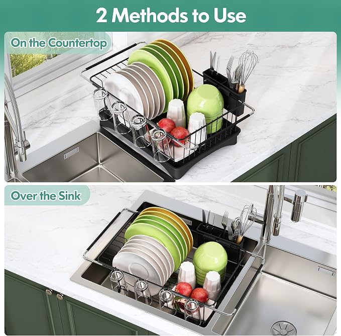Over Sink Expandable Dish Drainer Drying Rack In Stainless Steel for Small Kitchen, Counter Space Saving Modern Black Compact Metal Above Plate Dryer Strainer, Adjustable Hanging Inside Drain Holder