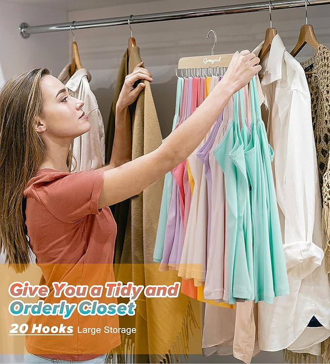Gomyrod Tank Top Hanger, 2 Pack w/40 Hooks Bra Hanger for Closet Organizer | Premium Wood Space Saving Hanger, 360°Rotating Closet Organizers and Storage, Multi Hook Hanger for Dorm & Apartment