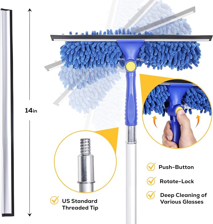 Kleen Handler 2-in-1 Window Squeegee with 4–12 ft Telescopic Extension Pole, Window Washing Kit for Home & Commercial Glass Doors, High Windows, 2 Sleeves Included