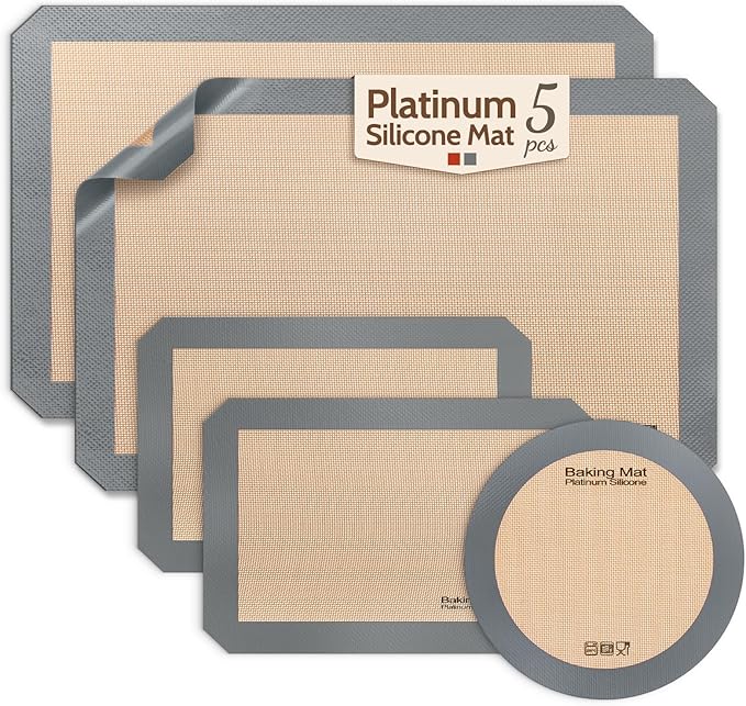 Sopito Platinum Silicone Baking Mat, Non-Stick, Food-Grade, Total 5 Pcs | Reusable 3-year, Heat Resistant to 480℃, Dishwasher Safe, Half-sheets, quarter-sheets, and round mat Set, Versatility