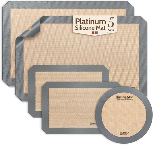 Sopito Platinum Silicone Baking Mat, Non-Stick, Food-Grade, Total 5 Pcs | Reusable 3-year, Heat Resistant to 480℃, Dishwasher Safe, Half-sheets, quarter-sheets, and round mat Set, Versatility