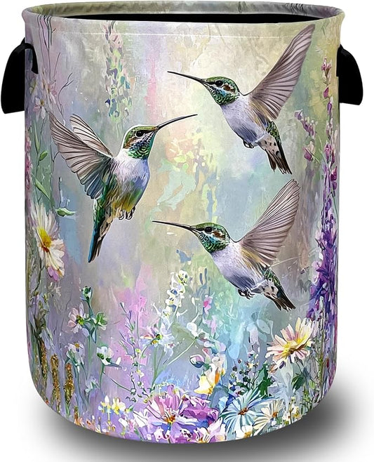 Beautiful Hummingbird Laundry Basket Oxford Cloth Hamper 18.9"x16.5" | Colorful Flower Laundry Hamper With Handle Foldable Portable Clothes Storage Laundry Bag For Laundry Room/Bedroom/Bathrooms