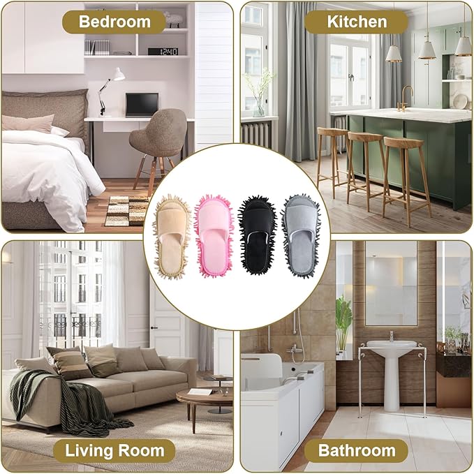 4-Pair Washable Microfiber Cleaning Mop Slippers, Unisex Dusting Slippers with Detachable Design for Effortless Floor Cleaning (Medium, Black, Beige, Pink, Gray)