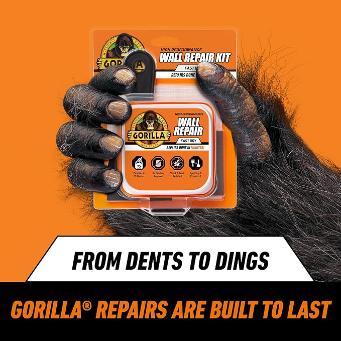 GORILLA Wall Repair Kit, Heavy Duty Spackling, 8 fl oz Tub, 4 in Patch | Includes 3 in Putty Knife, Sanding Block, Lightweight Drywall Filler, Strong Repairs for Walls and Ceilings