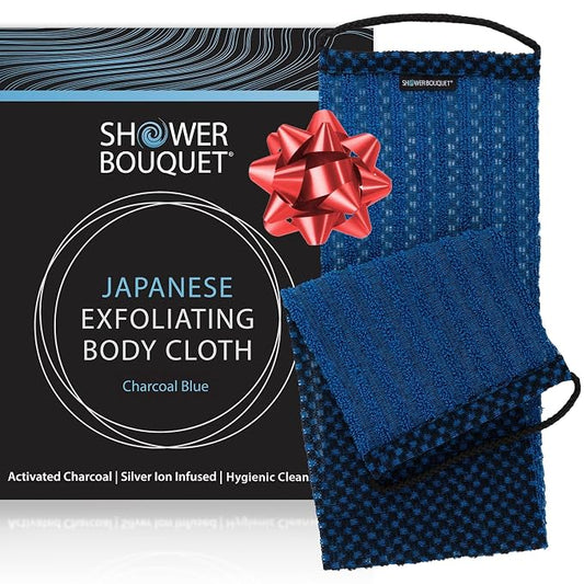 Japanese Exfoliating Washcloth for Back & Body - Charcoal & Silver Ion Exfoliating Towel with Handles - Two-Sided Gentle Exfoliation & Deep Cleansing Soft Body Wash Cloths for Shower - Blue