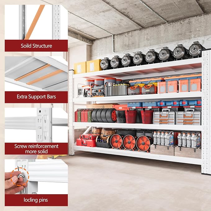 RAVIGIN 5000LBS Storage Shelves,71" W Garage Shelving Heavy Duty Metal Adjustable Garage Shelves, Shelving Units Industrial Shelving for Warehouse,71" W x 24" D x 69" H,White