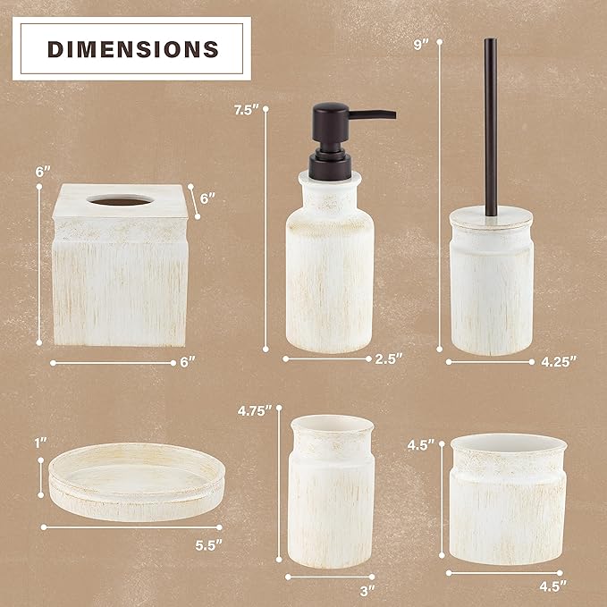 Creative Scents Rustic Luxe Bathroom Accessory Set - 6 Piece Modern Bathroom Sets Accessories Features: Toilet Brush and Holder, Tissue Cover, Soap Dispenser, Toothbrush Holder, Soap Dish & Tumbler