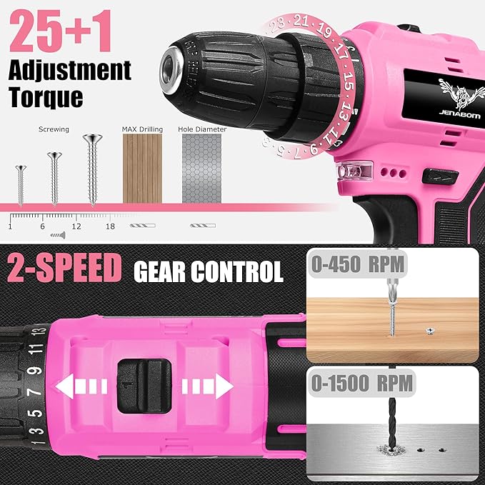 JENABOM Pink Tool Set - 12V Cordless Drill Kit, 151 Piece Home Tool Set With Power Drill, Tool Kits for Men & Women, Perfect for Homeowner, Diyer, Handyman