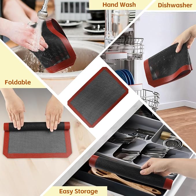 16.5"x11.6" Perforated Baking Mats, Non-Stick Hollow Out Silicone Mat, Reusable Oven Liner for Half Sheet Pan, Making Bread/Pizza/Macaron/Pastry/Cookie (2 Pcs, Black Corner Cut)
