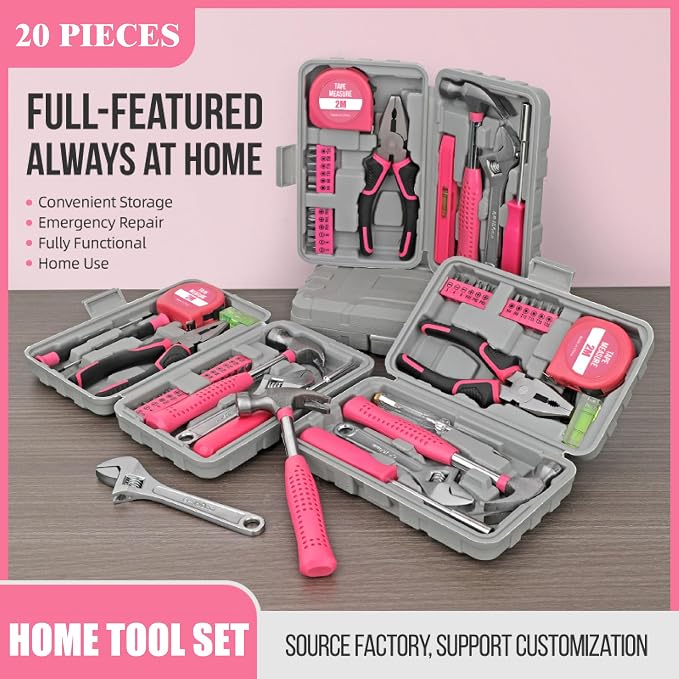 20 Pcs Home Tool Set, Basics Household Tool Kit with Small Mini Carrying Box for Men and Women DIY (Pink)