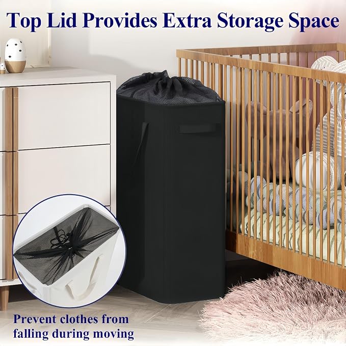 Optish 50L Slim Laundry Hamper, Small Laundry Basket With Handles, Black Narrow Laundry Basket for Dorm, Bedroom, Living Room, Collapsible Laundry Hamper