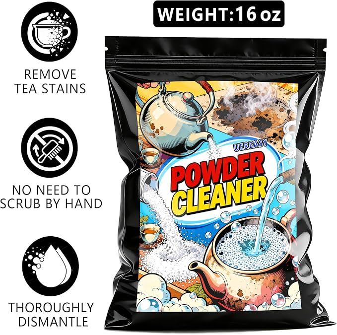 Cleaning Foam Powder, Tea & Coffee Stain Remover, 1Pack, 16 oz | Stain Remover Powder for Tea Pots, Coffee Mugs and Stainless Steel, Effectively Removes Stains, Restoring a New Luster