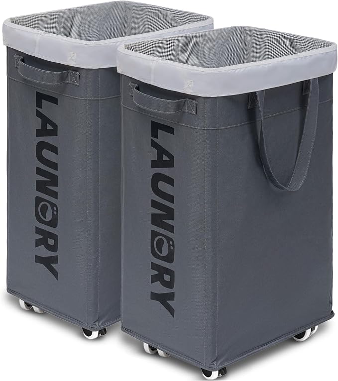 Goodpick 2-Pack Laundry Basket with Wheels & Wash Bag, Hamper for Dorm,75L | Laundry Hamper with Handles for Dirty Clothes, Clothes Hamper, Rolling Laundry Basket, Dorm Room Essentials, Grey