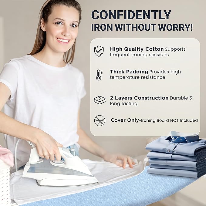 UniSimp Ironing Board Cover and Pad 18"x54" Extra Thick Natural Cotton, Scorch and Stain Resistant Iron Board Cover, Extra Large Iron Board Cover with Fasteners Heavy Duty Heatproof Elastic Edge Blue