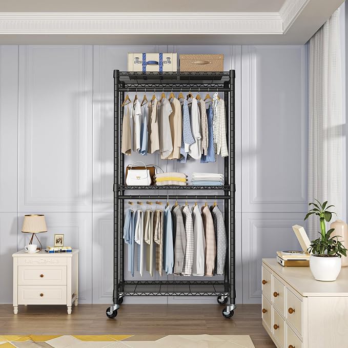 FUTASSI Heavy-Duty Portable Closet, 30"W x 14"D x 76"H, Black, Carbon Steel | Metal Rolling Clothing Rack, Closet System with Wheels and Shelves for Hanging Clothes, Portable Wardrobe Organizer Storage