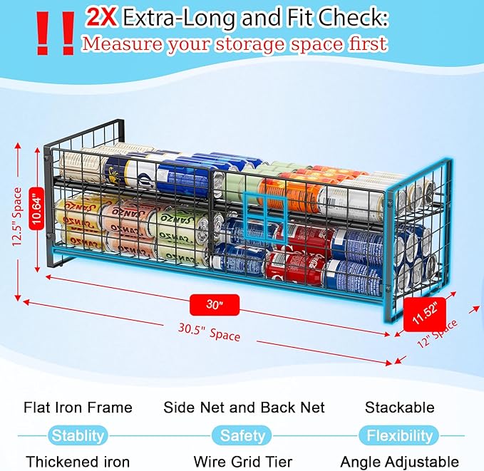 2-Pack Extra-Long Stackable Can Organizer for Pantry Shelf Storage,Can Rack for Kitchen Cupboard Storage, Sturdy Standing Can Holder for Canned Food Goods Soda up to 90, 2 Tier, Black Can Dispenser | Can Rack for Kitchen Cupboard, Sturdy Standing Can H...
