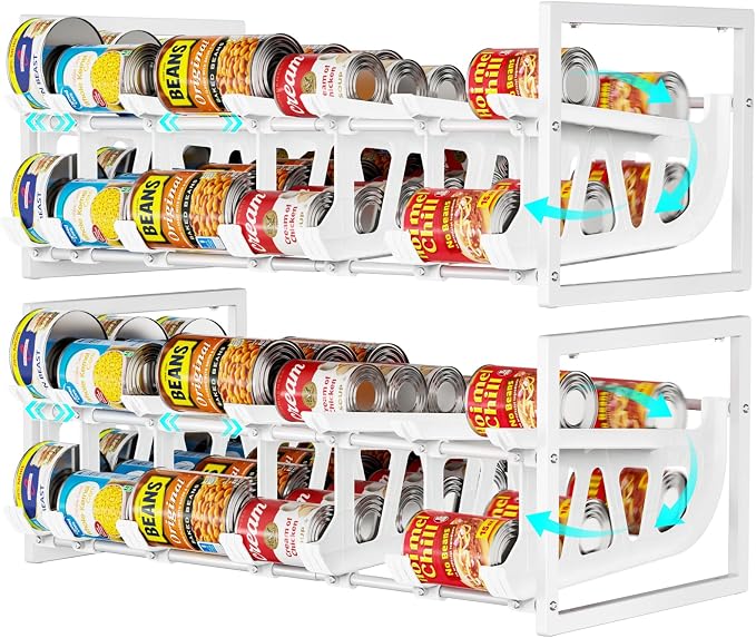iSPECLE Pantry Can Organizer - Auto-Rolling, Expandable, Holds 120 Cans | White, Stackable For Walk-in Deep Pantry Shelve, Adjustable Width for Food Cans, Sturdy Metal Frame, Easy Access & Restocking