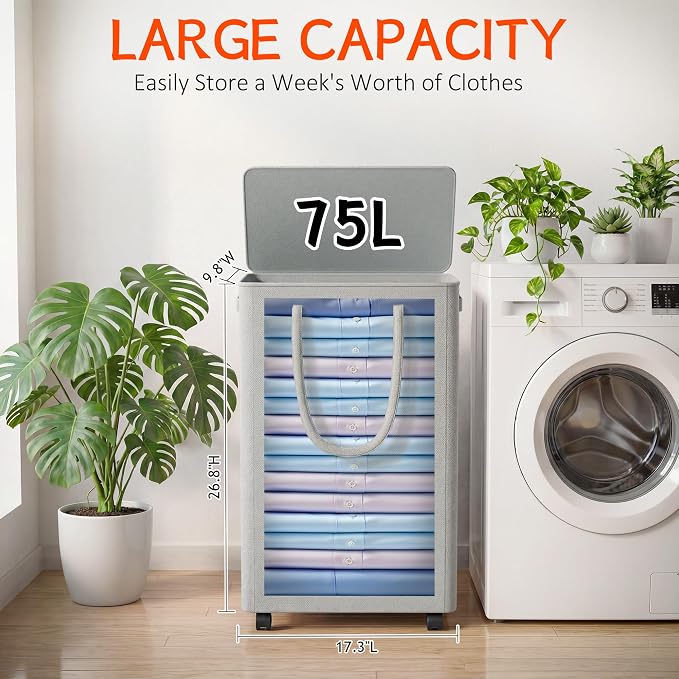 Slim Laundry Hamper with Wheels,20 Gal (75L) Rolling Laundry Basket with lid and wheels Clothes Hamper Foldable Tall Dirty Clothes Basket Sturdy Collapsible Clothes Hamper for Dorm,Laundry Room