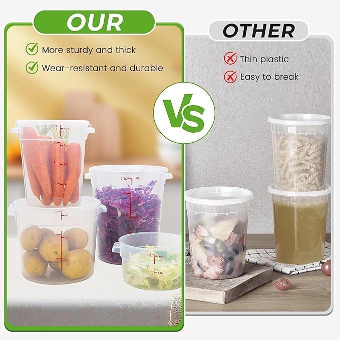 BIEAMA 4 Pack 8 Qt Round Food Storage Containers with Lids, Translucent PP | Include lids, labels, measuring cups and containers with capacity markings for food prep, pantry storage and dough proofing.