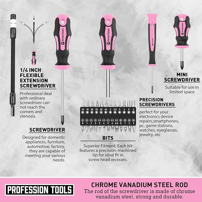 Magnetic Screwdrivers Set with Case, Amartisan 43-piece Includs Slotted, Phillips, Hex, Pozidriv,Torx and Precision Screwdriver Set, Magnetizer Demagnetizer Tools, Tools for Men (Pink))