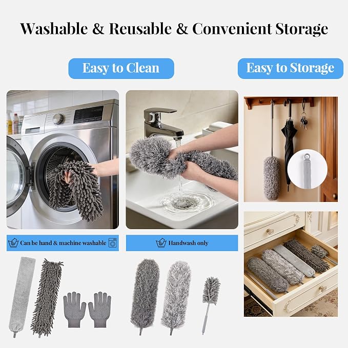 Microfiber Feather Duster Kit with Extension Pole, 7 PCS Washable Reusable Duster for Cleaning, 100'' Bendable Extendable Long Duster with Stainless Steel Pole for High Ceilings, Fans, Furniture & Car
