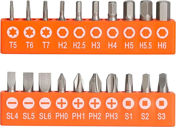 Bates- Low Profile Right Angle Screwdriver with Drill Bits Set, 21 pcs, 1/4" Mini Ratchet Screwdriver with Torx, Hex, Phillips, Flat and Square Bits for Tight Spaces