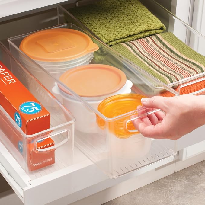 iDesign Plastic Stackable Pantry Bin with Handles, Set of 4, Clear | For Kitchen Cabinets or Fridge, Made in USA
